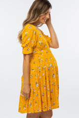 Yellow Floral Puff Sleeve Maternity Dress