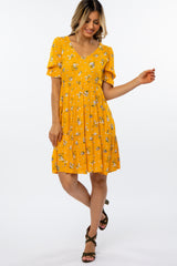 Yellow Floral Puff Sleeve Maternity Dress