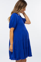 Royal Blue Tiered Split Neck Maternity Dress