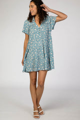 Blue Floral Collared Button Front Tiered Dress