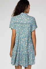 Blue Floral Collared Button Front Tiered Dress