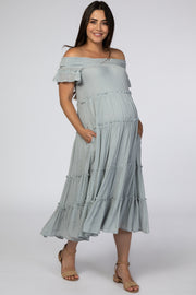 Blue Smocked Off Shoulder Ruffle Tiered Maternity Midi Dress