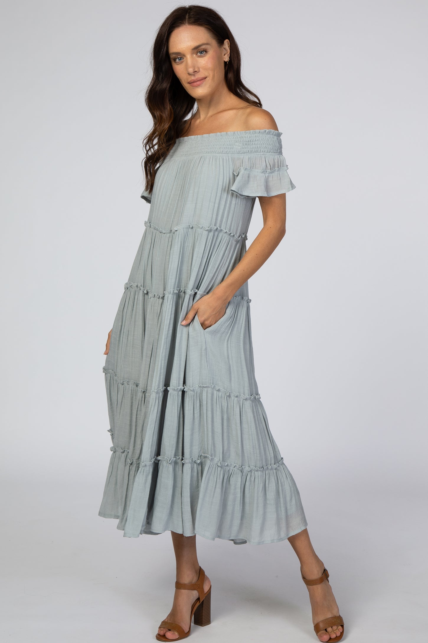Blue Smocked Off Shoulder Ruffle Tiered Midi Dress