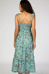 Blue Floral Ruffle Tiered Midi Dress