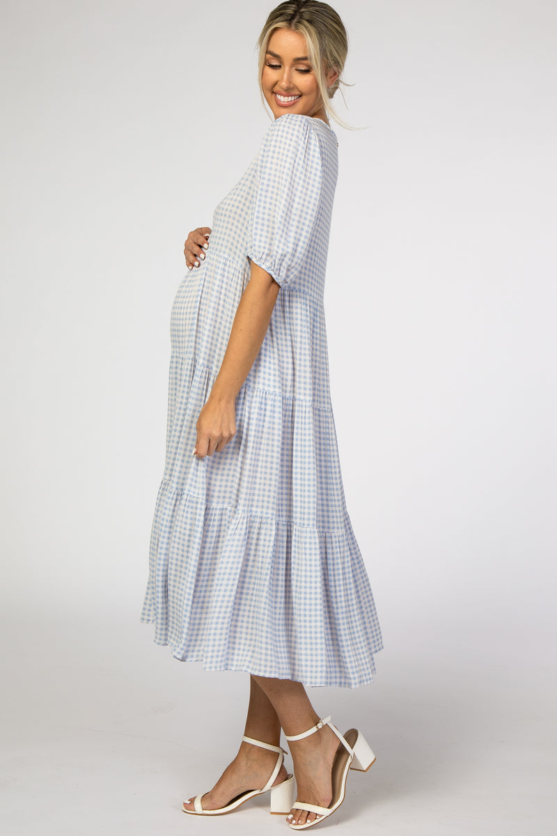 Blue Gingham Tiered Maternity Midi Dress– PinkBlush