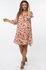 Taupe Floral Chiffon Smocked Shoulder Front Tie Maternity Dress