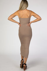 Taupe Square Neck Ribbed Fitted Maternity Midi Dress