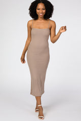 Taupe Square Neck Ribbed Fitted Midi Dress