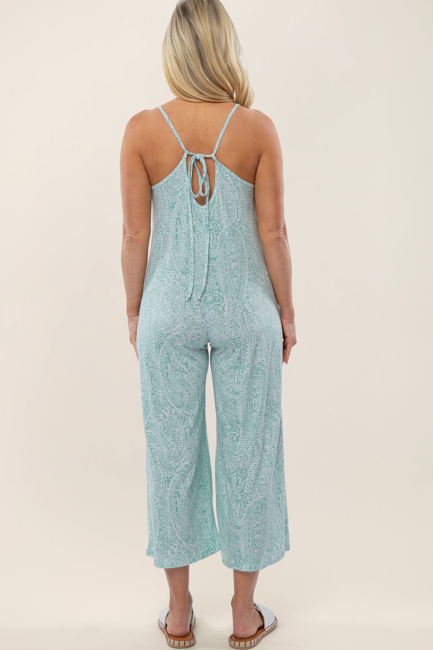 Mint Green Printed Cropped Tie Back Maternity Jumpsuit