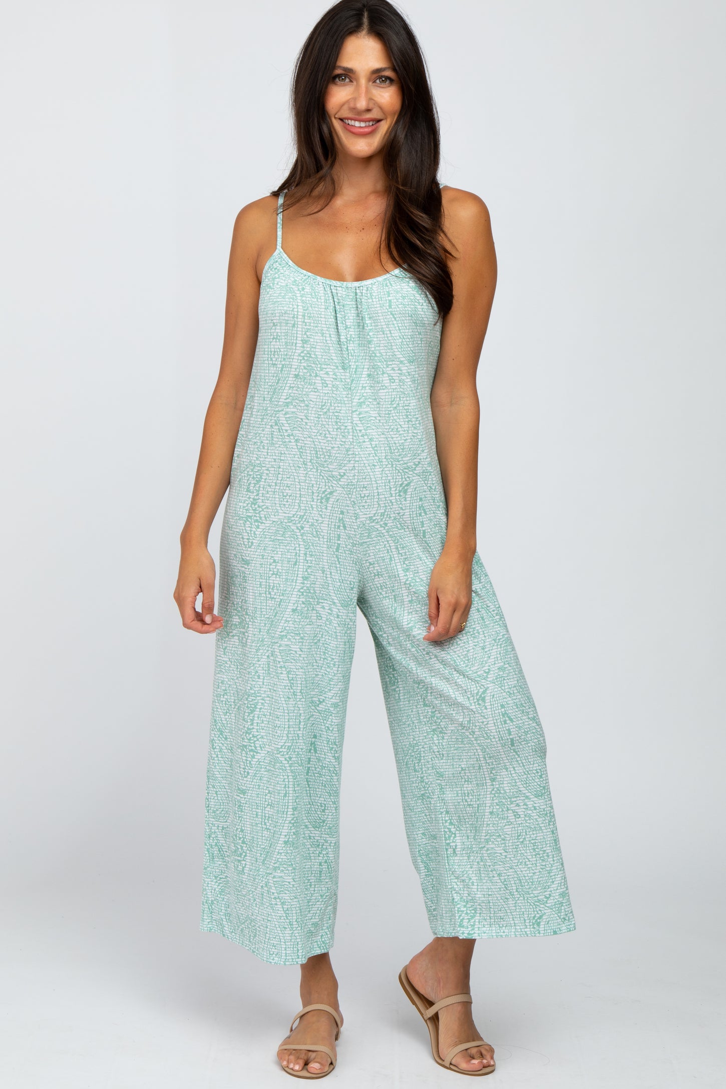 Mint Green Printed Cropped Tie Back Maternity Jumpsuit