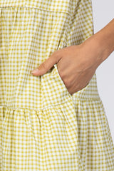 Yellow Green Gingham Tiered Midi Dress