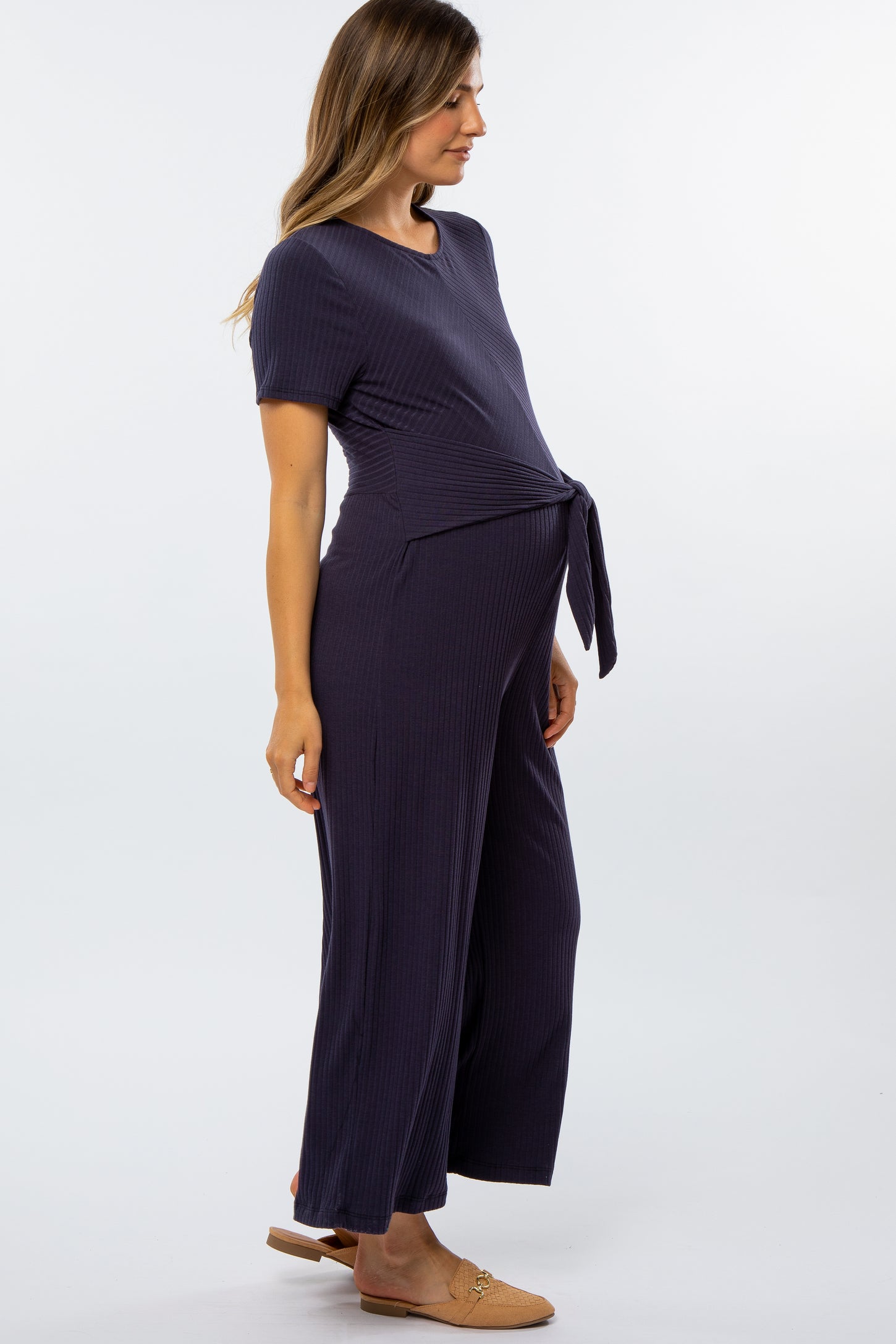 Navy Ribbed Knot Tie Cropped Maternity Jumpsuit