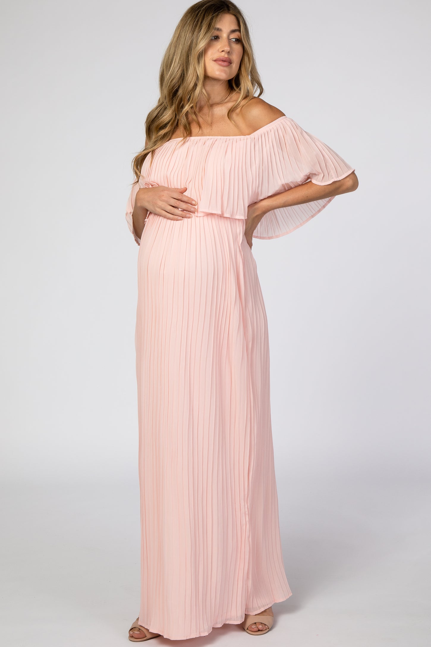 Light Pink Chiffon Pleated Off Shoulder Maternity Maxi Dress