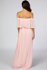 Light Pink Chiffon Pleated Off Shoulder Maxi Dress