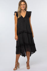 Black Lace Accent Tiered Hi-Lo Midi Dress
