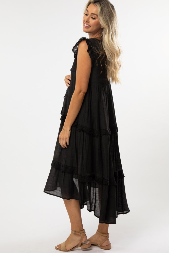 Black Lace Accent Tiered Maternity Hi-Lo Midi Dress