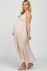 Beige Pintucked Maternity Maxi Dress