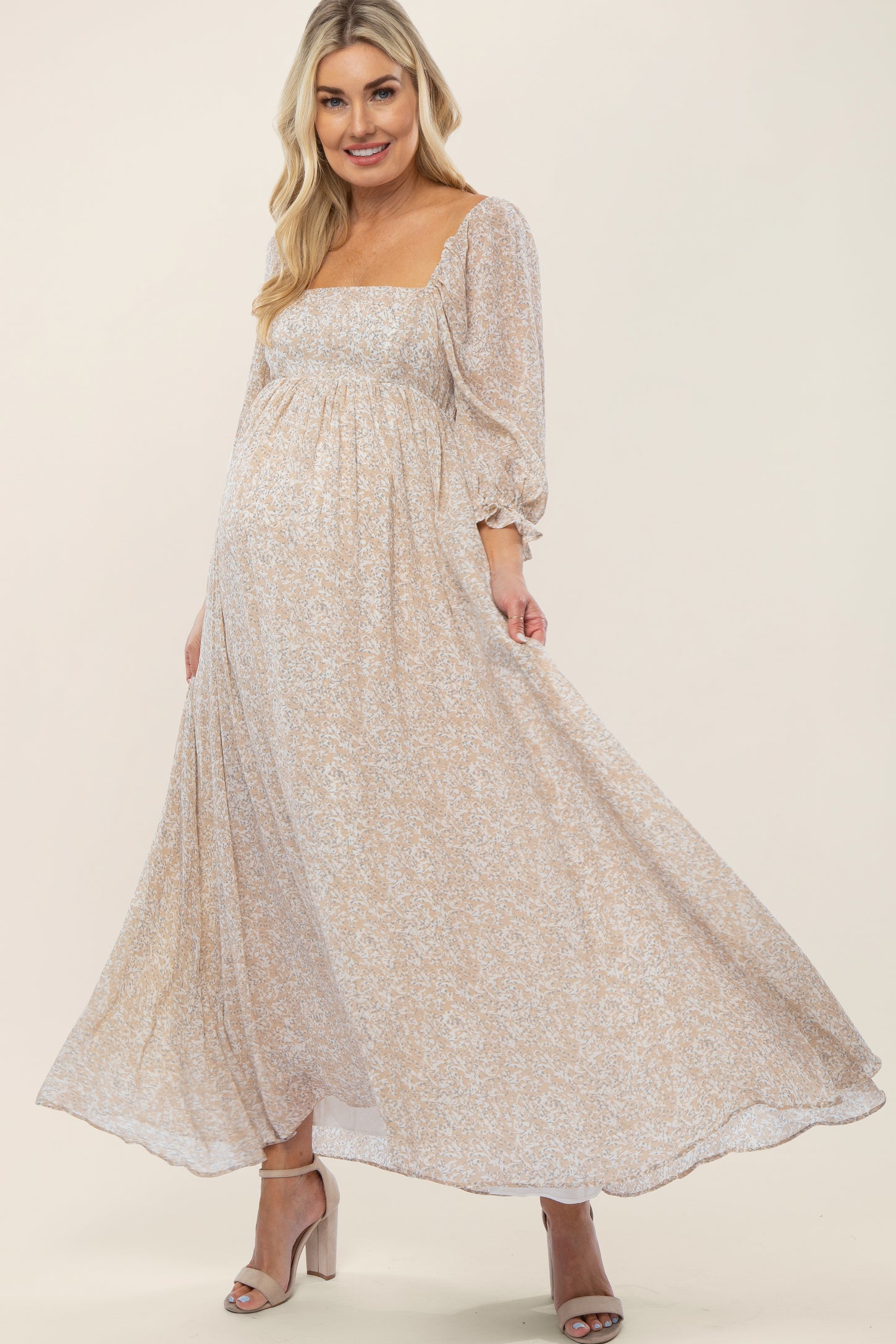 Beige Chiffon Printed Square Neck Empire Maternity Maxi Dress PinkBlush Beige Chiffon Printed Square Neck Empire Maternity Maxi Dress PinkBlush