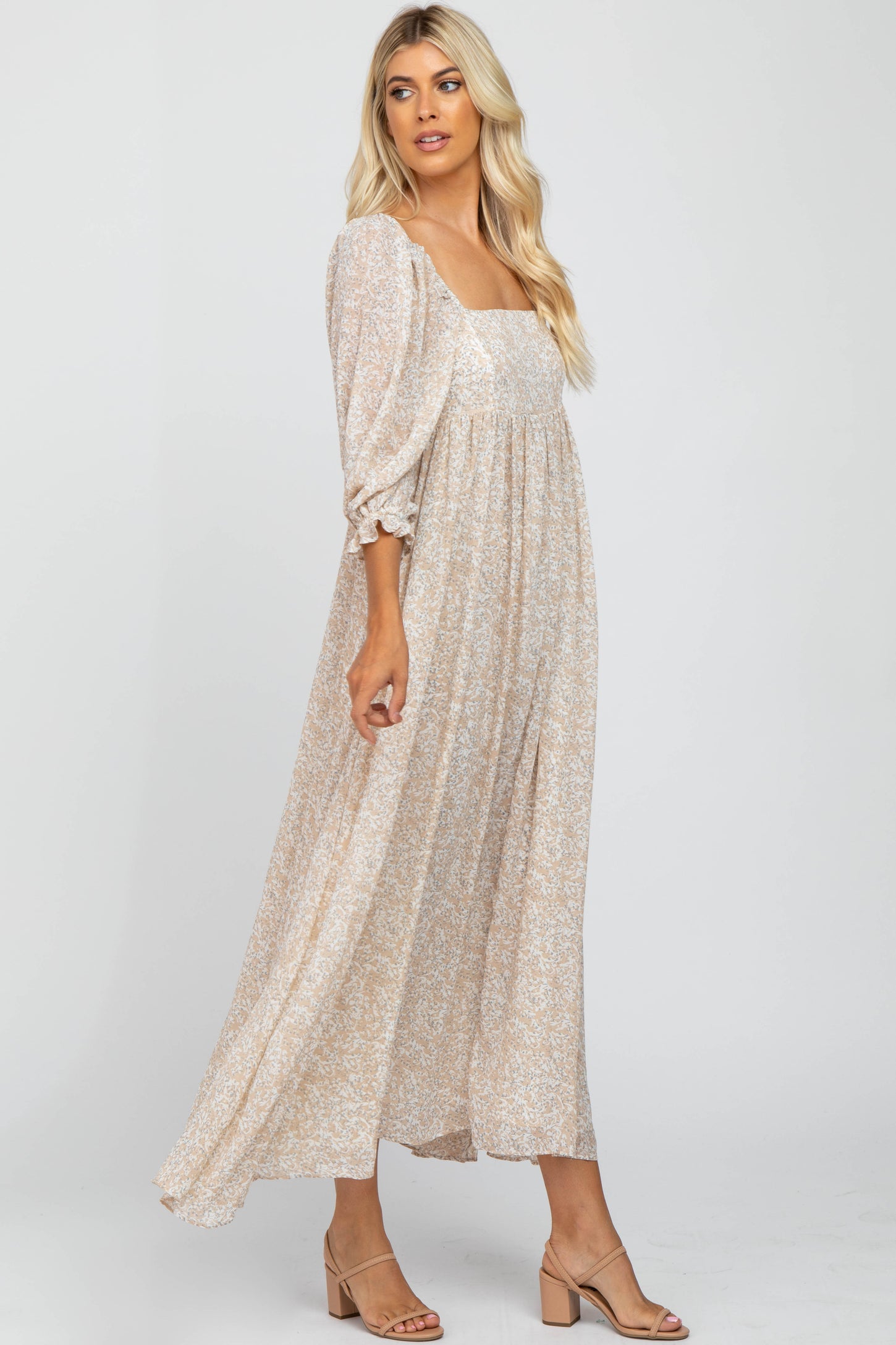 Beige Chiffon Printed Square Neck Empire Maxi Dress PinkBlush Beige Chiffon Printed Square Neck Empire Maxi Dress PinkBlush