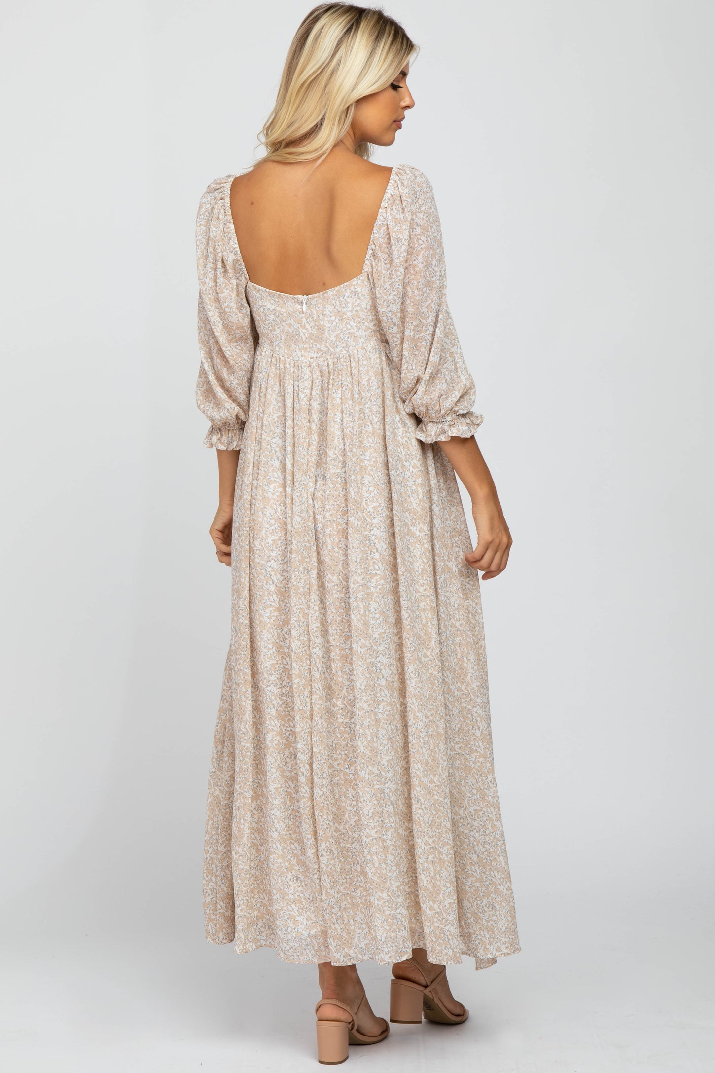 Beige Chiffon Printed Square Neck Empire Maxi Dress PinkBlush Beige Chiffon Printed Square Neck Empire Maxi Dress PinkBlush