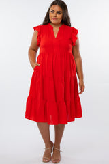 Red Ruffle Sleeve Tired Maternity Plus Dress
