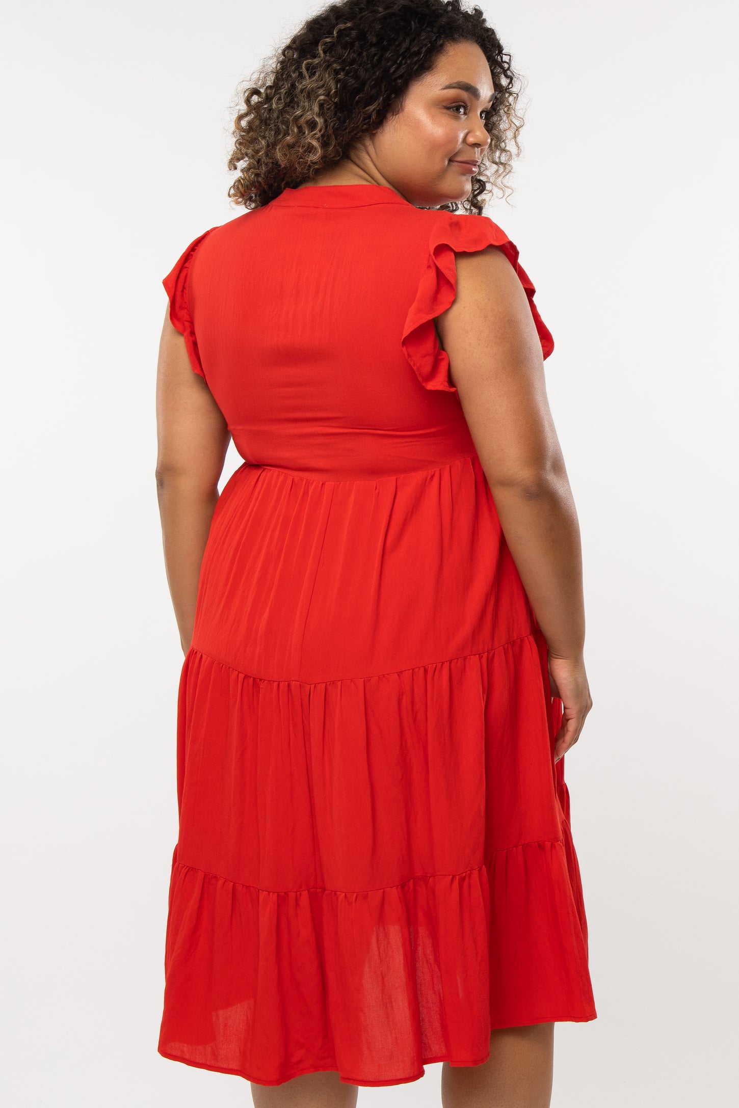 Red Ruffle Sleeve Tired Maternity Plus Dress