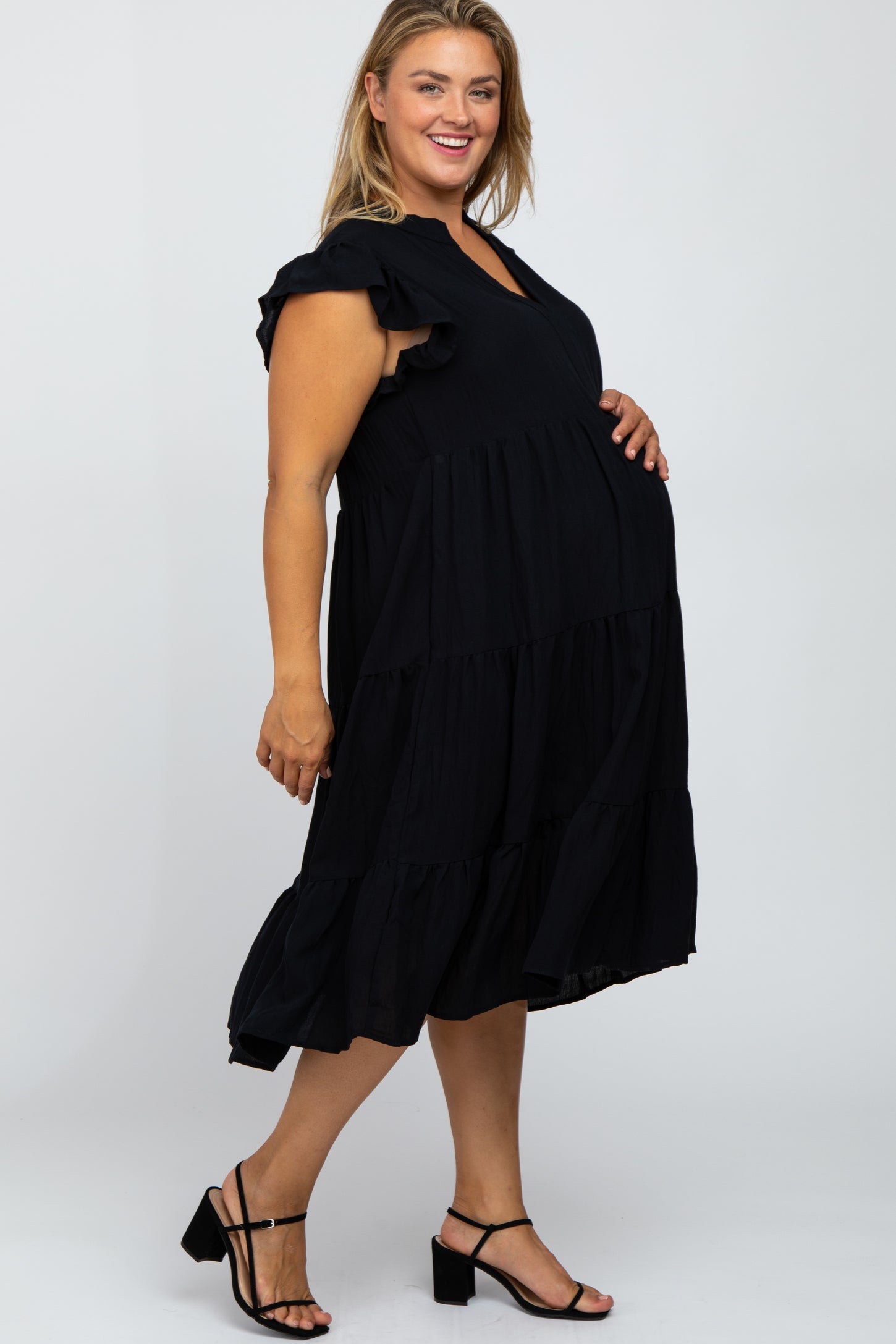 Black Ruffle Sleeve Tired Maternity Plus Dress