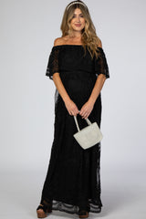 Black Lace Overlay Off Shoulder Flounce Maternity Maxi Dress