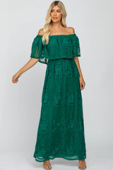 Forest Green Lace Overlay Off Shoulder Flounce Maxi Dress