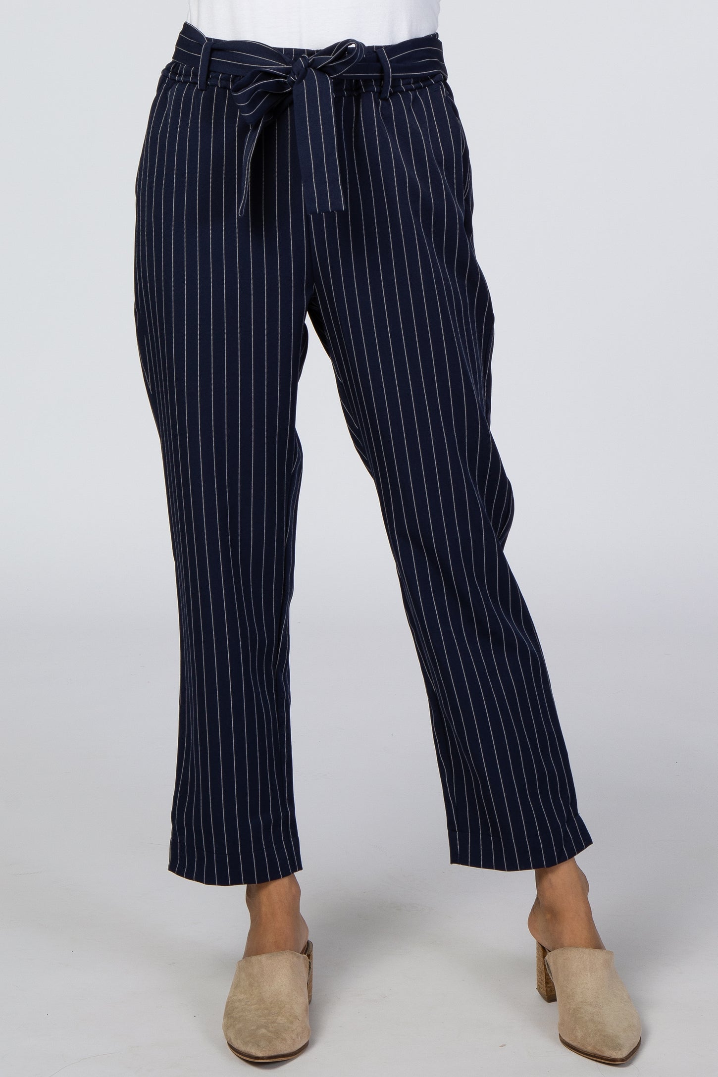 Navy Blue Pinstripe Front Tie Pants