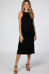 Black Ribbed Side Slit Maternity Midi Dress