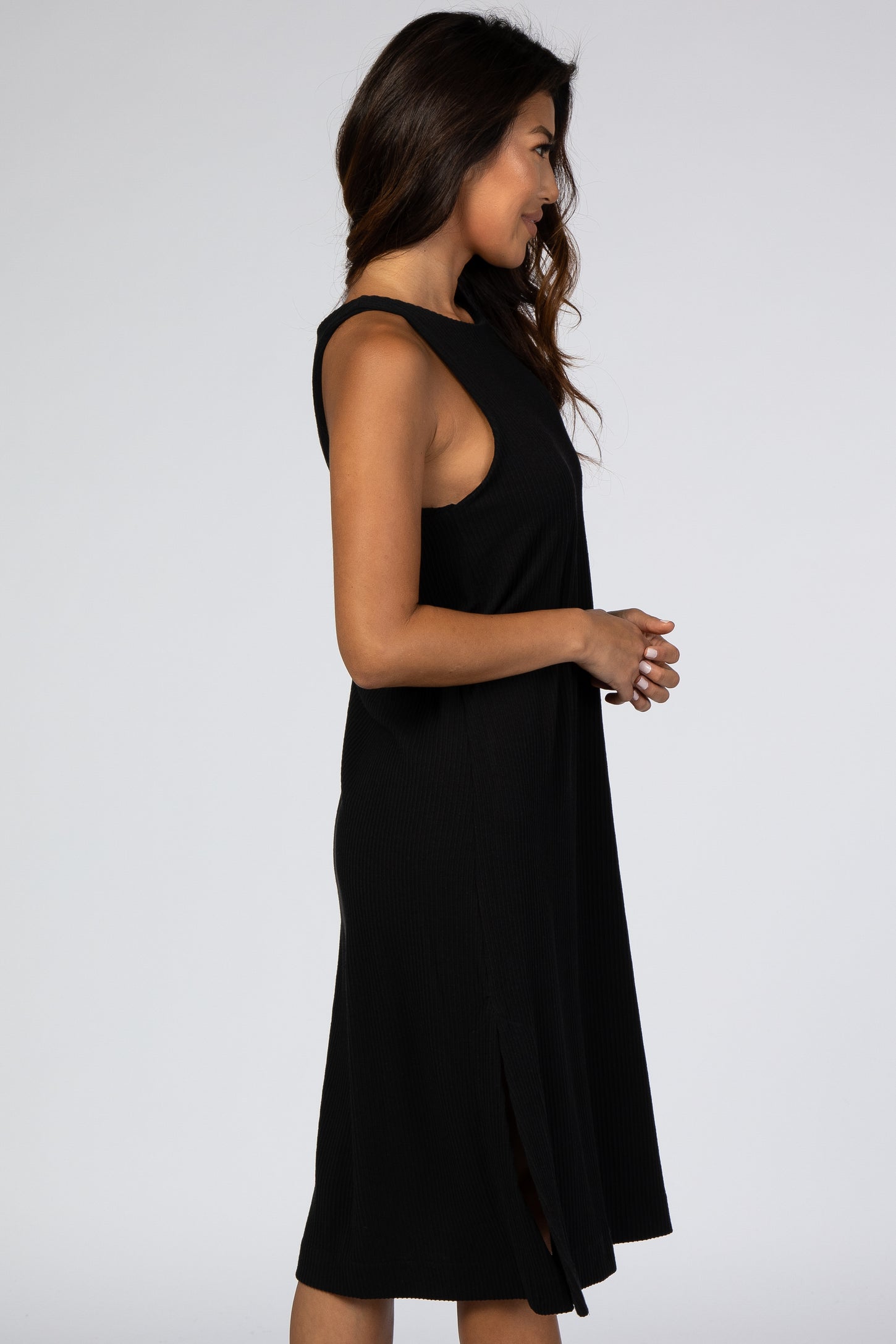 Black Ribbed Side Slit Midi Dress