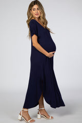 Navy Curved Hem Maternity Maxi Dress