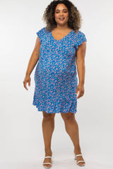 Blue Floral Ruffle Sleeve Plus Maternity Dress