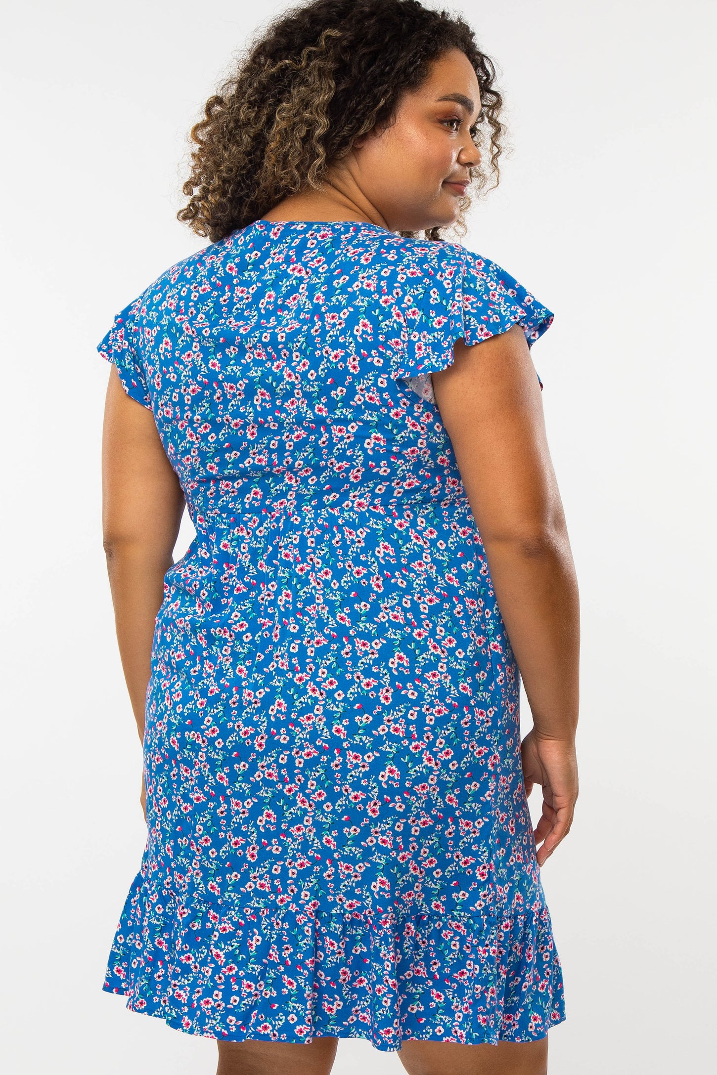 Blue Floral Ruffle Sleeve Plus Maternity Dress