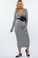 Heather Grey  V-Neck Long Sleeve Fitted Maternity Maxi Dress
