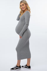 Heather Grey  V-Neck Long Sleeve Fitted Maternity Maxi Dress
