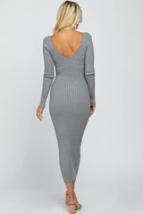 Heather Grey  V-Neck Long Sleeve Fitted Maxi Dress