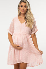 Light Pink V-Neck Swiss Dot Maternity Dress