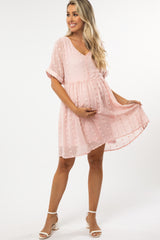 Light Pink V-Neck Swiss Dot Maternity Dress