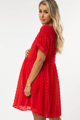 Red V-Neck Swiss Dot Maternity Dress
