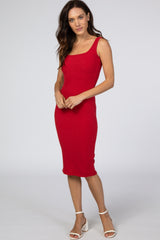 Red Ribbed Square Neck Dress