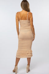 Peach Gingham Bow Front Fitted Dress