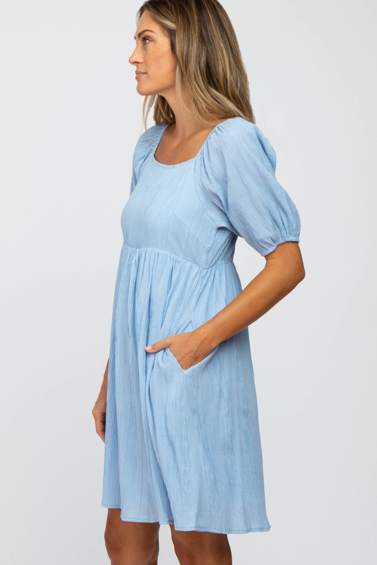 Light Blue Puff Sleeve Textured Dress – PinkBlush