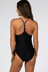 Black Ruched Side O-Ring Back One Piece Swimsuit