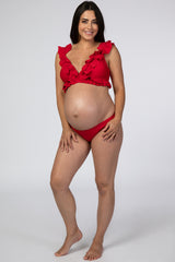 Red Ruffle Accent Maternity Bikini Set