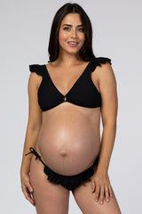 Black Ribbed Ruffle Trim Bikini Maternity Set