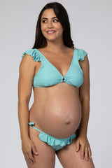 Light Blue Ribbed Ruffle Trim Bikini Maternity Set