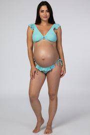 Light Blue Ribbed Ruffle Trim Bikini Maternity Set