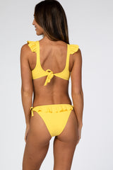 Yellow Ribbed Ruffle Trim Bikini Set
